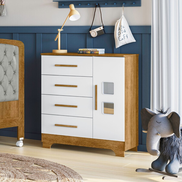 Cômoda 1 Porta 4 Gavetas Fly Branco Com Madeirado Ypê Tigus B