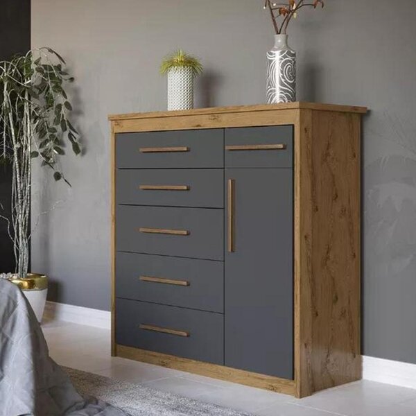 Cômoda 1 Porta 6 Gavetas Elegance Batrol Móveis Ipê Nobre/gra