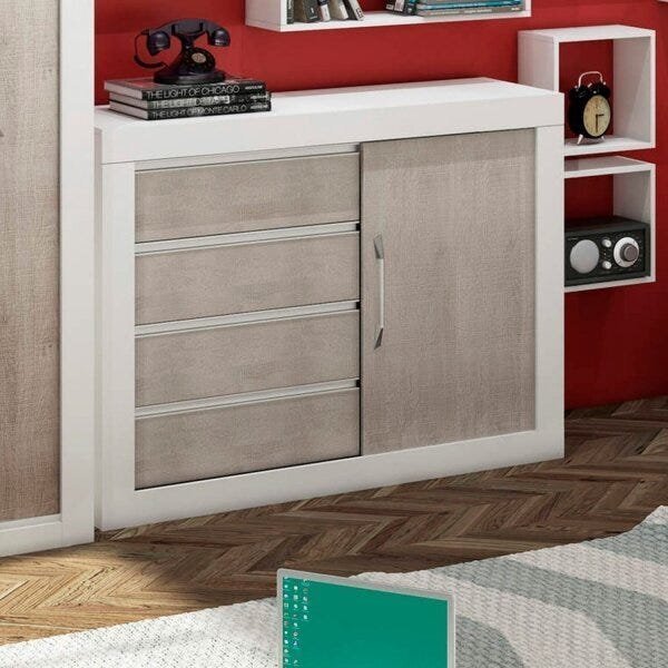 Cômoda 1 Porta De Correr 4 Gavetas  Branco/fresno