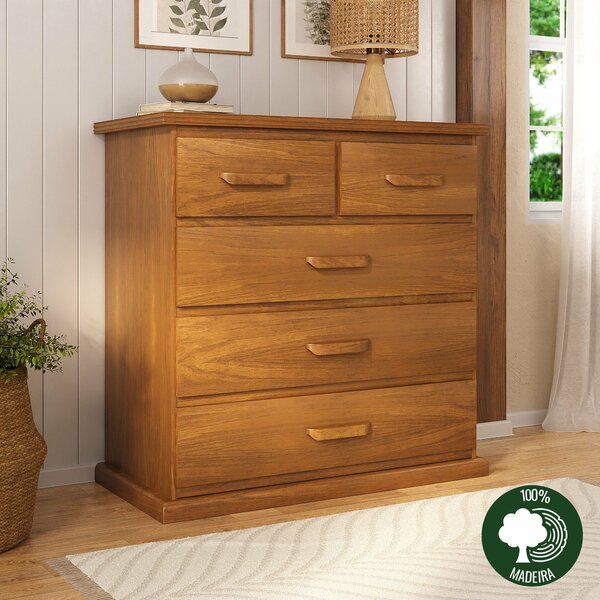 Cômoda 1x1 Com 05 Gavetas - 100% Madeira  Mogno Mel