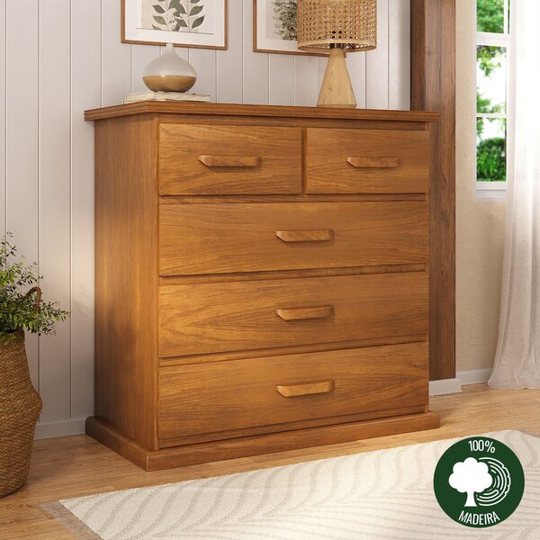 Cômoda 1x1 Com 05 Gavetas Madeira Maciça Mogno Mel