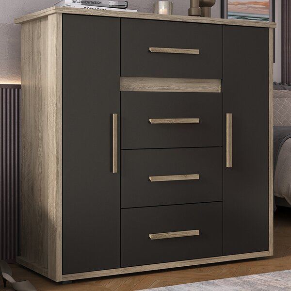 Cômoda 2 Portas 4 Gavetas Rodes Carvalho/preto