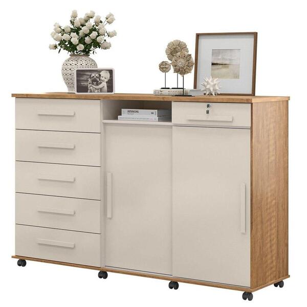 Cômoda 2 Portas 6 Gavetas Com Rodízios Max Off White/amêndoa