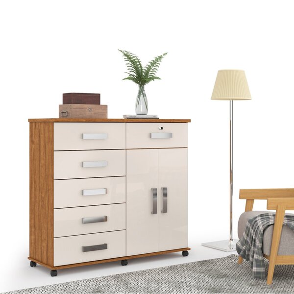 Cômoda 2 Portas 6 Gavetas Platina Lukaliam Móveis Amêndoa/off