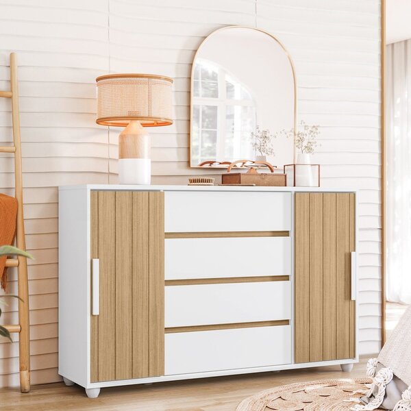 Cômoda 2 Portas Correr 4 Gavetas Evidenza   Branco/ Freijó