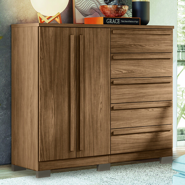 Cômoda 2 Portas E 5 Gavetas Com Pés Málaga Gold Santos Andirá