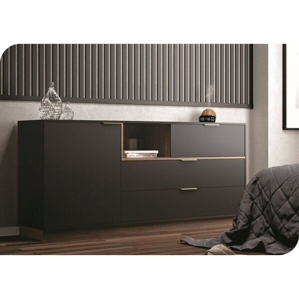 Cômoda 3 Gavetas 1 Porta Nogal Dourado Grafite Intenso / Noga