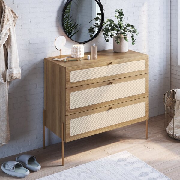 Cômoda 3 Gavetas Palhinha Pé Metal Dourado Oslo Hanover/doura