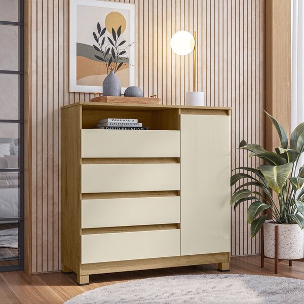 Cômoda 4 Gavetas 1 Porta 1 Nicho Dracena  Cedro/off White