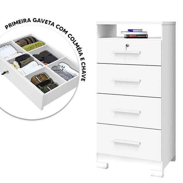 Cômoda 4 Gavetas Colmeia E Chave Branco Ártico New Primordial