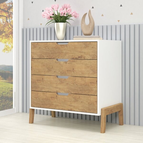 Cômoda 4 Gavetas Madeira Com Pés Wood Branco/wood