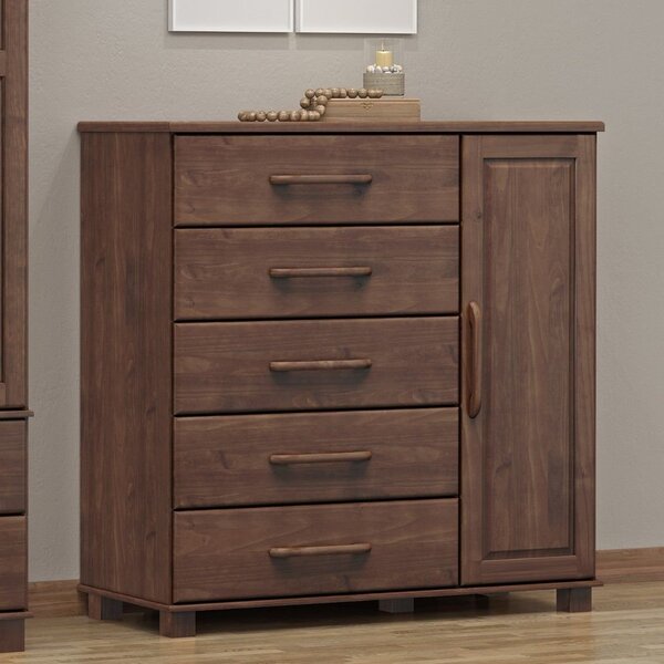 Cômoda 5 Gavetas 1 Porta 100% Madeira Maciça Linha Ouro Café