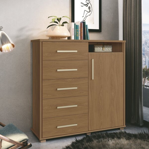 Cômoda 5 Gavetas 1 Porta 100% Mdf Moderno Freijó