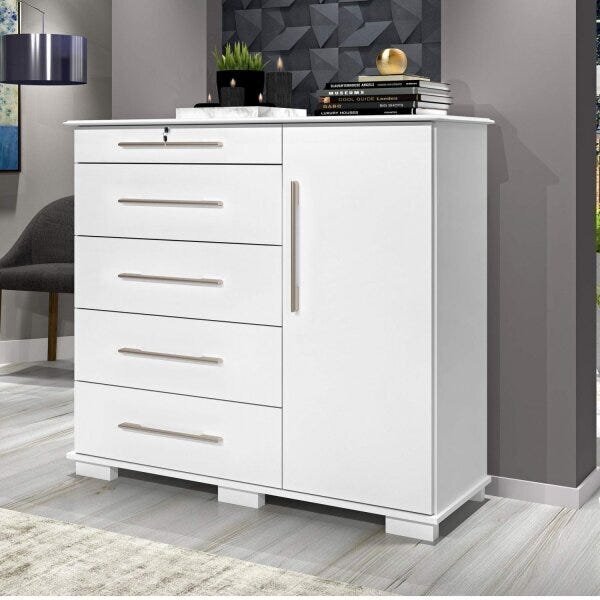 Cômoda 5 Gavetas 1 Porta Detroit New  Branco