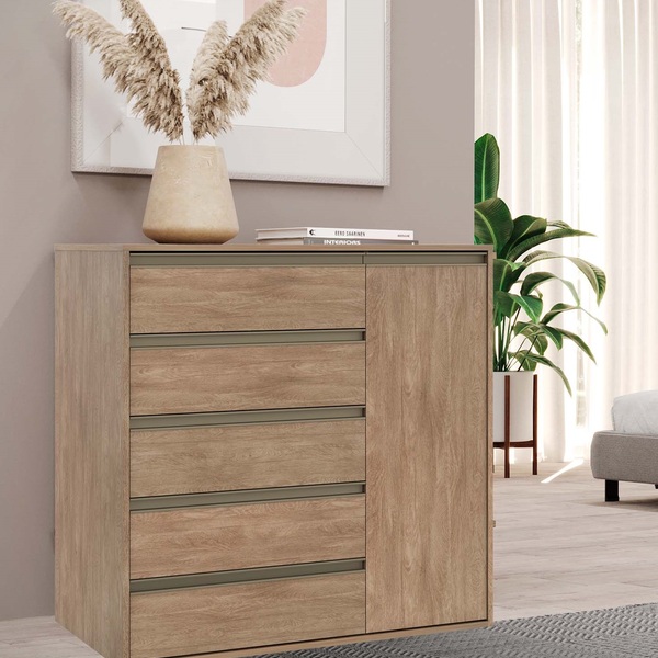 Cômoda 5 Gavetas 1 Porta Multiuso Mdf Select Belmax Carvalho