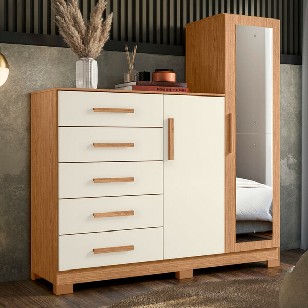 Cômoda 5 Gavetas 2 Portas Com Pés E Espelho New Master Albatr