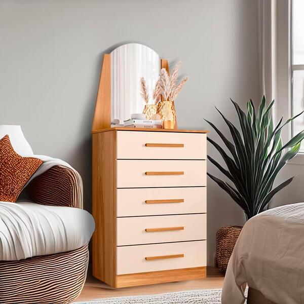 Cômoda 5 Gavetas Com Espelho Retrô Carvalho Grife Off White V