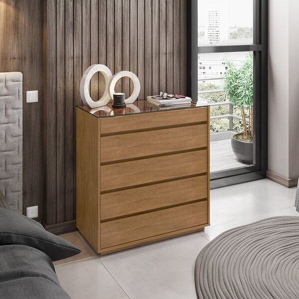 Cômoda 5 Gavetas Com Organizador Tampo Vidro Belize Cedro