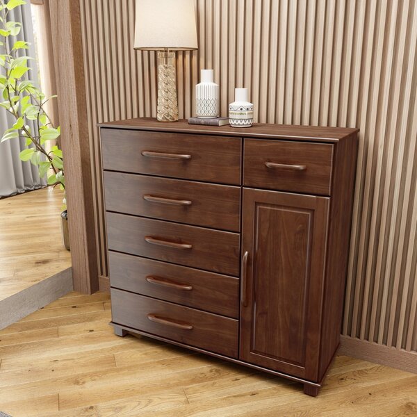 Cômoda 6 Gavetas 1 Porta Em Madeira Maciça Ouro Café