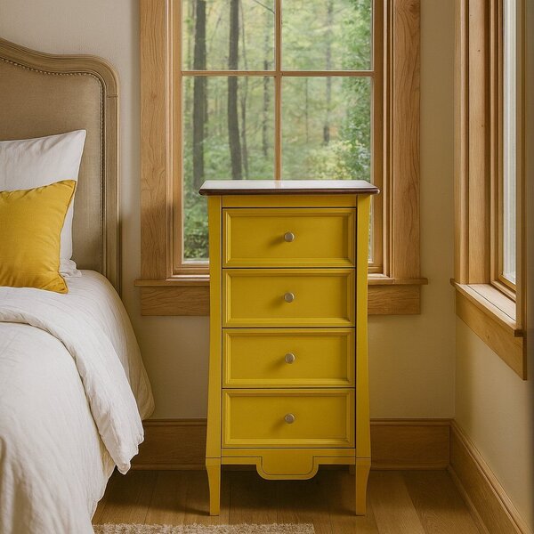 Cômoda Alta 4 Gavetas Estreita Amsterdã Amarelo / Amêndoa