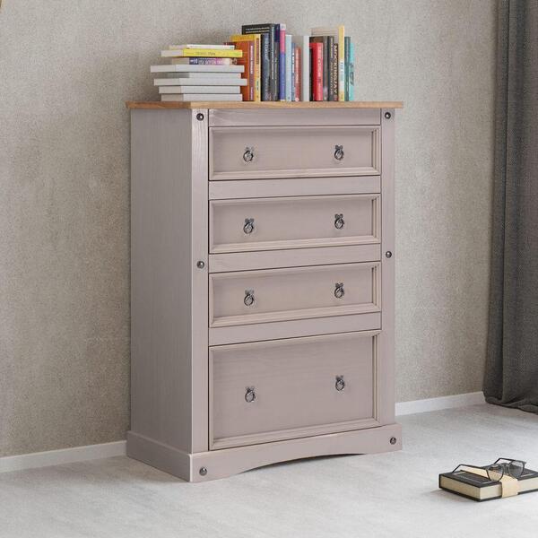 Cômoda Alta 4 Gavetas Madeira Maciça Nevada Cinza