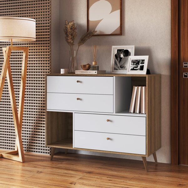 Cômoda Com 4 Gavetas E 2 Nichos 110cm Bege/branco