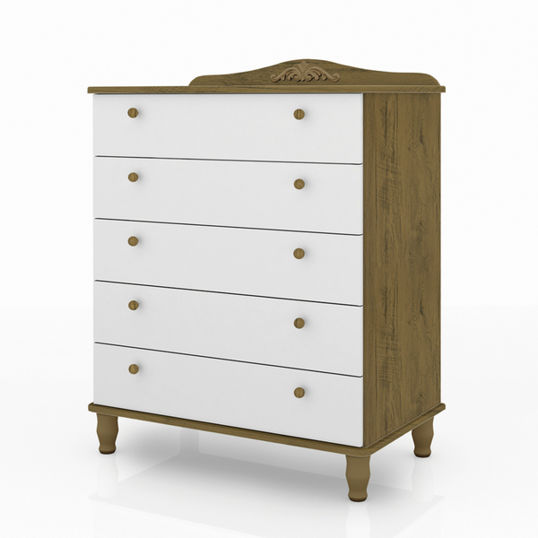 Cômoda Com 5 Gavetas Colonial Cedro C/ Branco Fosco - Movelar