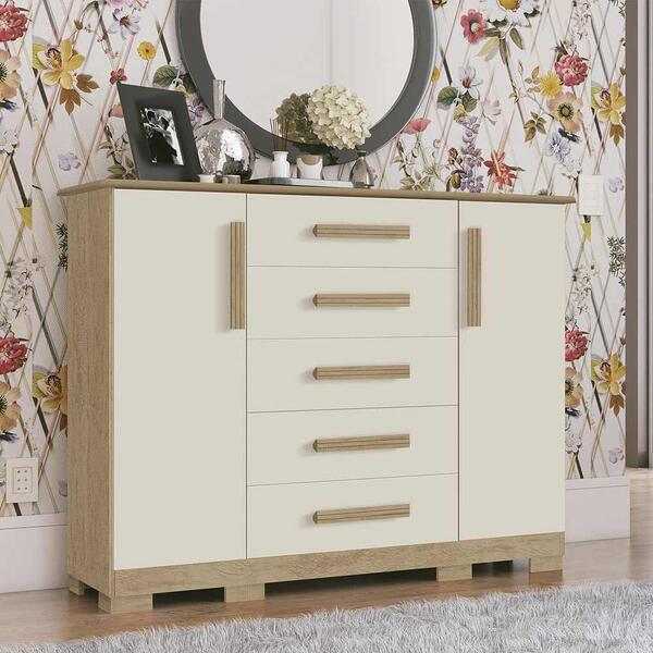 Cômoda Com 5 Gavetas E 2 Portas Sarah Teca Off White Fênix