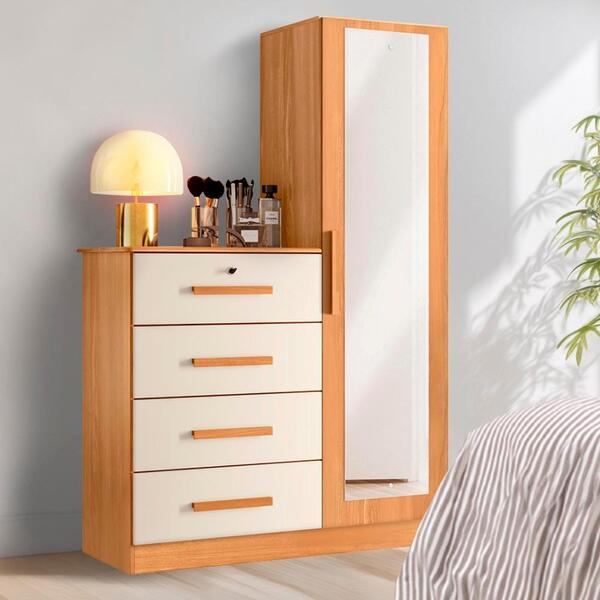 Cômoda Com Espelho 4 Gavetas 1 Porta Carvalho Grife Off White