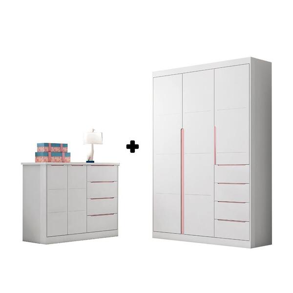 Cômoda Com Guarda Roupa Infantil Branco E Rose Azir Shop Jm B