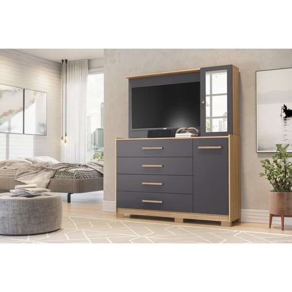 Cômoda Com Painel Tv 43" 4 Gavetas 2 Portas E Espelho Dunas E