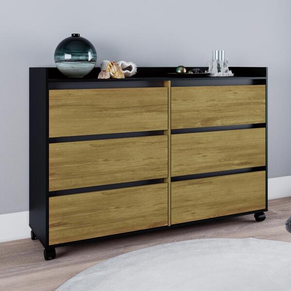 Cômoda Com Rodízio Seis Gavetas Prima - Preto/pérola-mel Flex