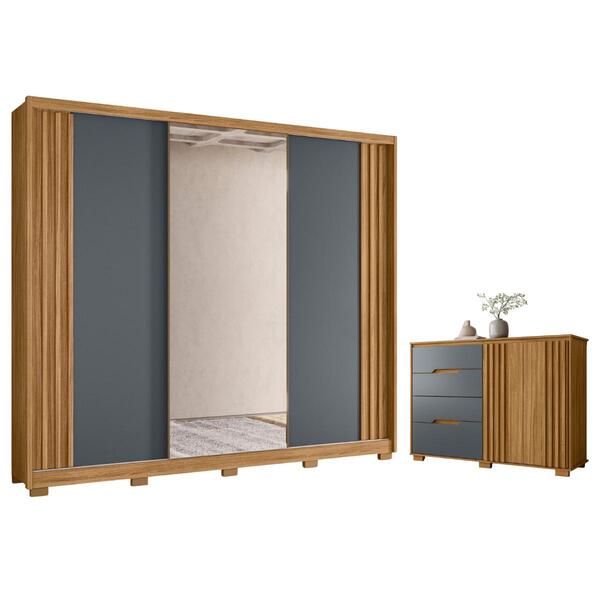 Cômoda E Guarda Roupa Fresado Kiev Freijó Cinza