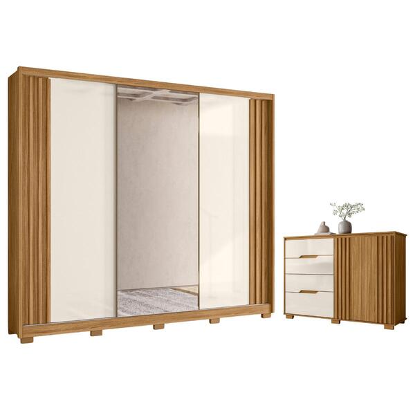 Cômoda E Guarda Roupa Fresado Kiev Freijó Off White