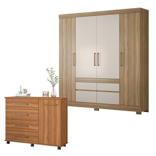 Cômoda Flora E Guarda Roupa Casal Bilbao Amêndola Off White -