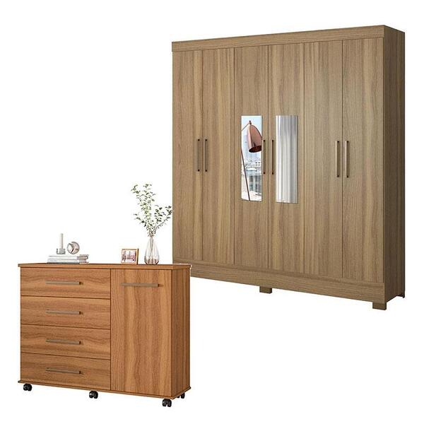 Cômoda Flora E Guarda Roupa Casal Prático Amêndola Touch Com