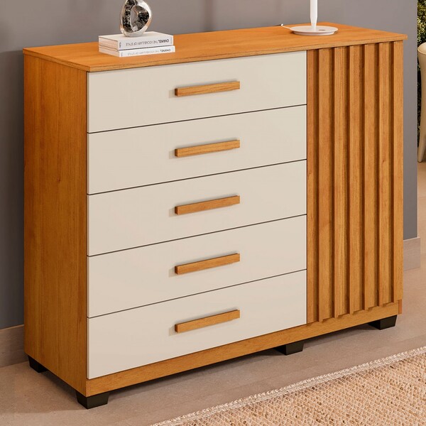 Cômoda França 1 Porta 5 Gavetas Cinamomo/off White - Panorama