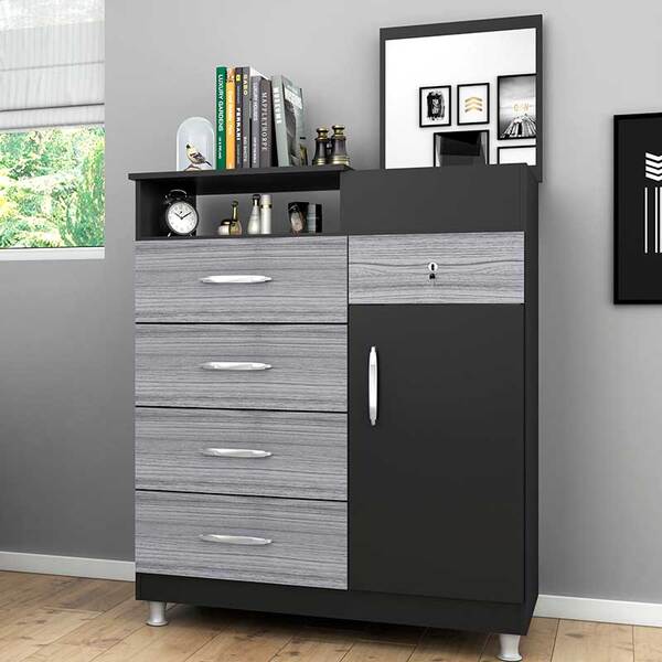 Cômoda Grécia 1 Porta 5 Gavetas - Poliman - Preto / Cinza