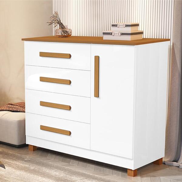 Comoda Grecia Quarto 4 Gavetas 1 Porta E Pés Madeira Maciça