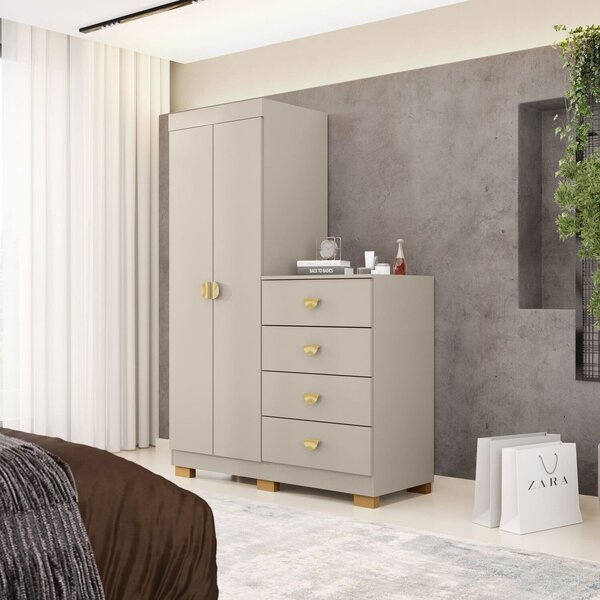 Cômoda Guarda-roupa Para Quarto 2 Portas 4 Gavetas Cristal Fe