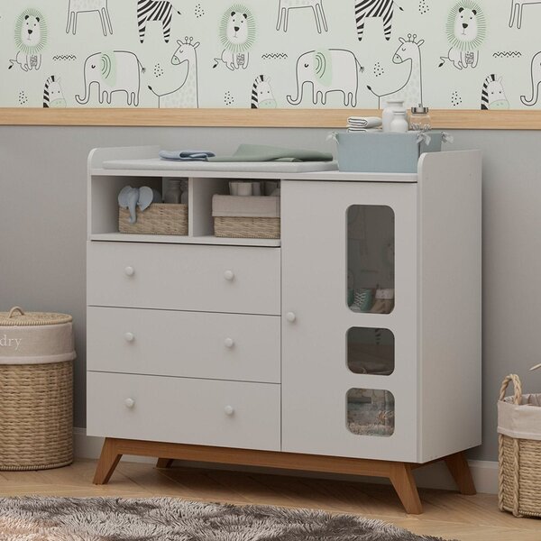 Cômoda Infantil 1 Porta 3 Gavetas 2 Nichos Com Pés Em Madeira