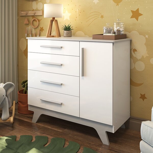 Cômoda Infantil 1 Porta 4 Gavetas Em Mdf Kakau Retrô  Branco