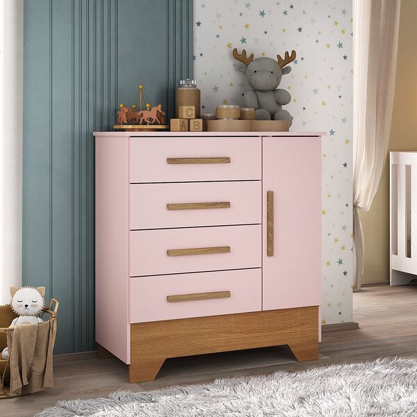 Cômoda Infantil 1 Porta E 4 Gavetas Tic Tac Rosa Fosco/nature