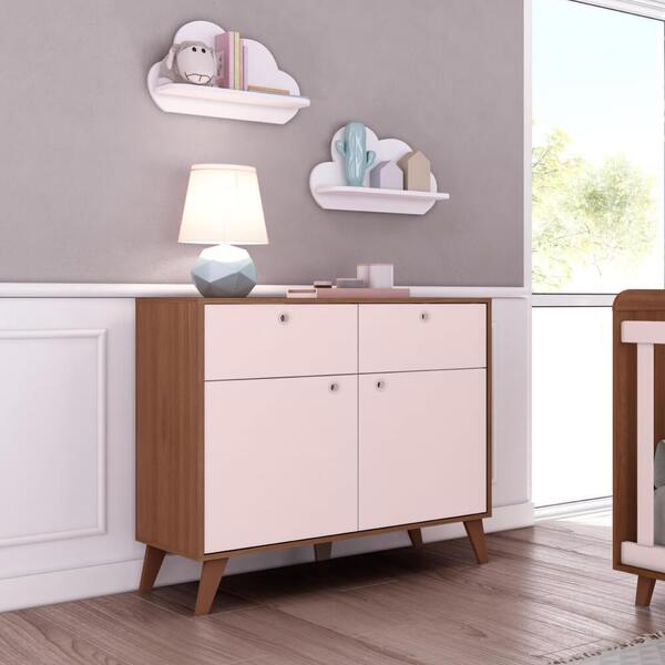 Cômoda Infantil 2 Gavetas 2 Portas Retrô - Carvalho Avelã/rosa