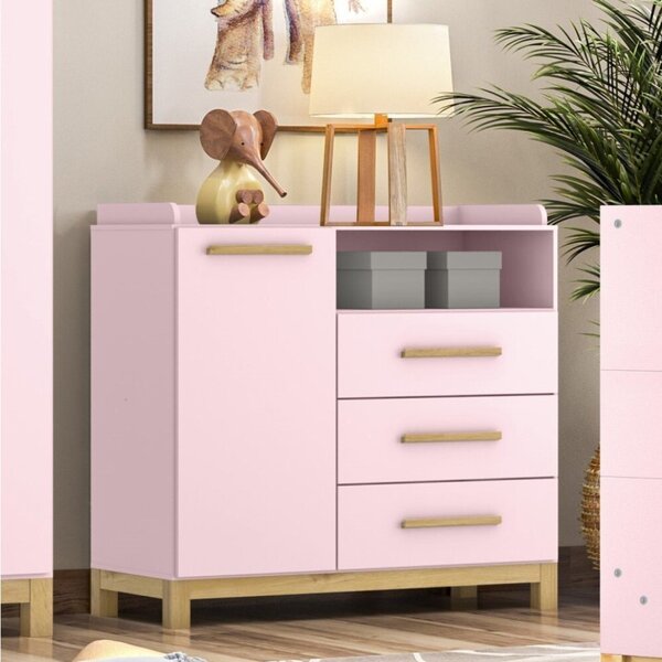 Cômoda Infantil 3 Gavetas 1 Porta Estrela Cadente Henn Rosa C