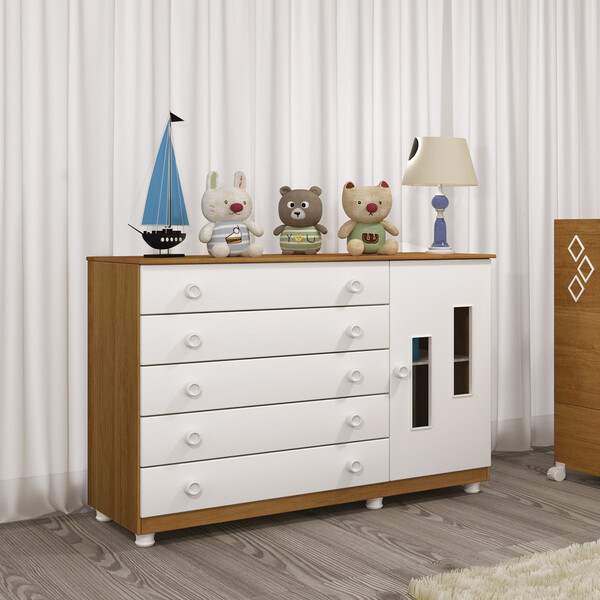 Cômoda Infantil 5 Gavetas 1 Porta Mdf Evolution Tcil
