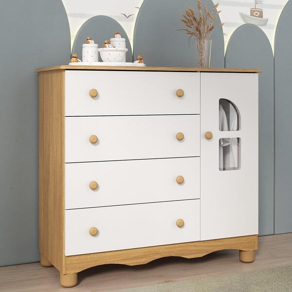 Cômoda Infantil 95cm 1 Porta Com Vidro E 4 Gavetas Aurora Mul