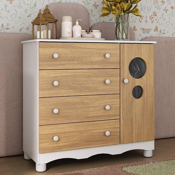 Cômoda Infantil 95cm 1 Porta Com Vidro E 4 Gavetas Suspiro Mu