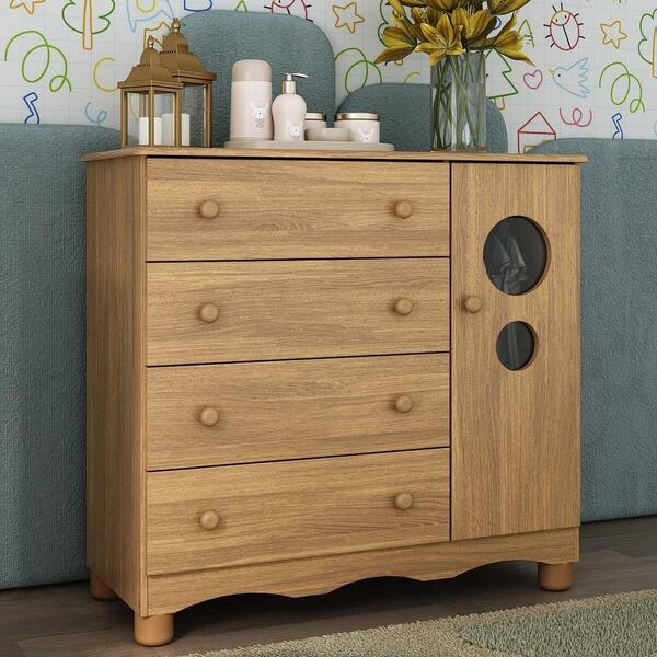 Cômoda Infantil 95cm 1 Porta Com Vidro E 4 Gavetas Suspiro Mu