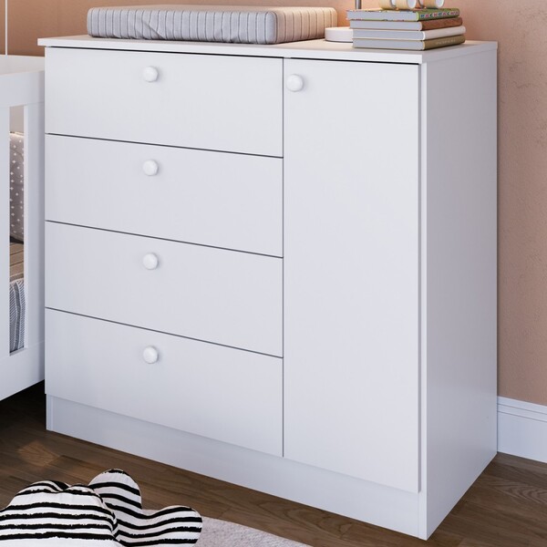 Cômoda Infantil Aconchego 1 Porta 4 Gavetas Branco - Completa